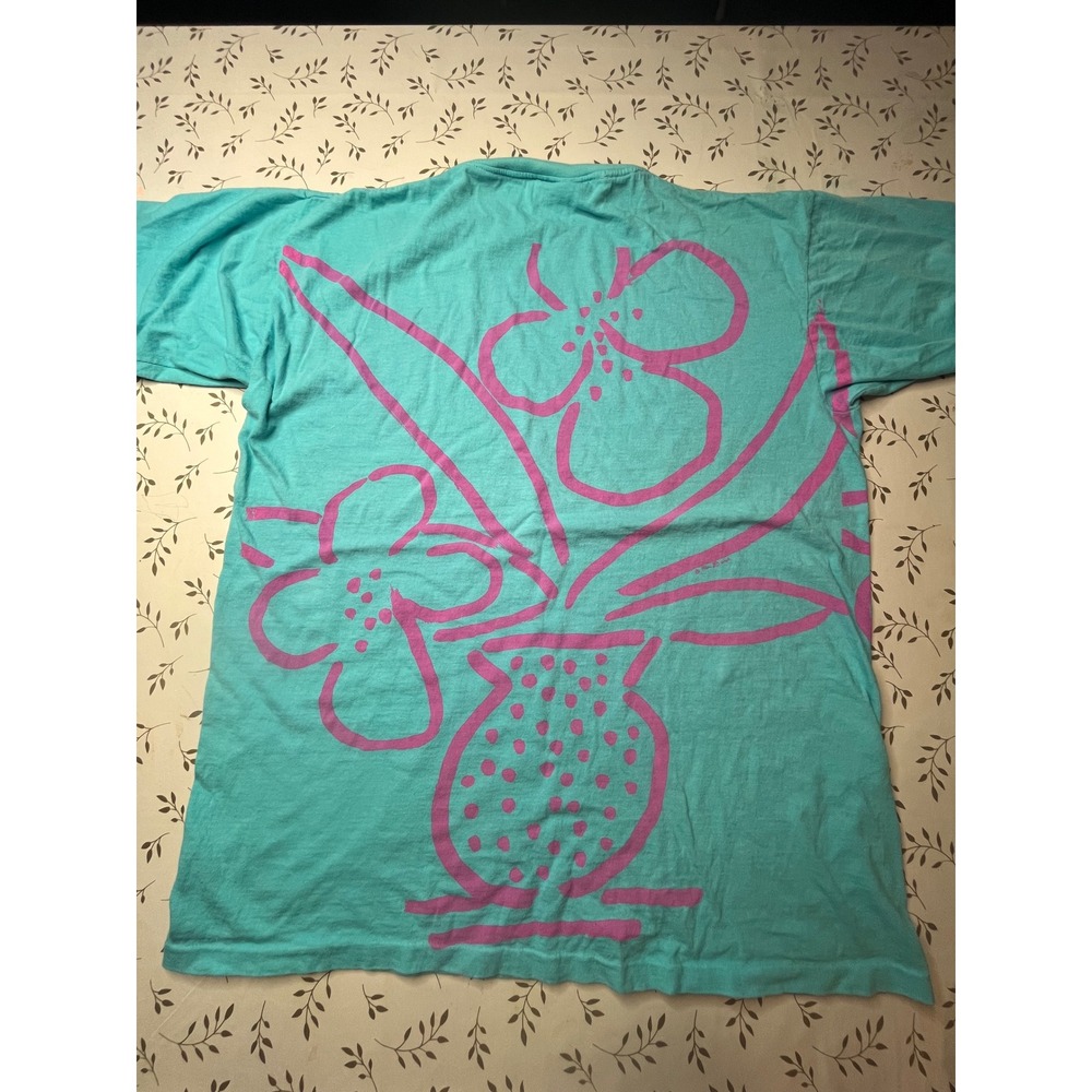 Vintage Ken Done Art to Wear Teal Pink Floral Graphic 90s rare T-Shirt USA M/L